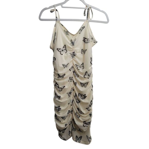 Shein Ruched Butterfly Mesh Overlay Adjustable Tie Straps Dress Medium - Picture 1 of 9